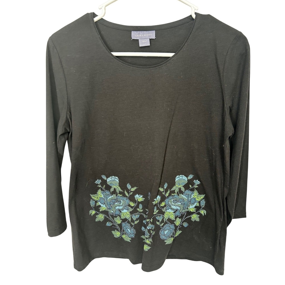 Laura Scott Black Top 3/4 Sleeve Floral Design Beaded Embellishments Women's S